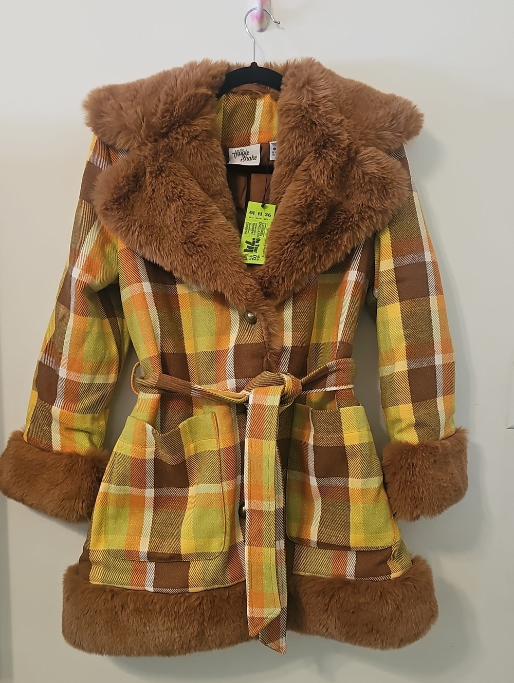 The Hippie Shake Plaid Coat with Faux Fur Trim - Yellow & Brown